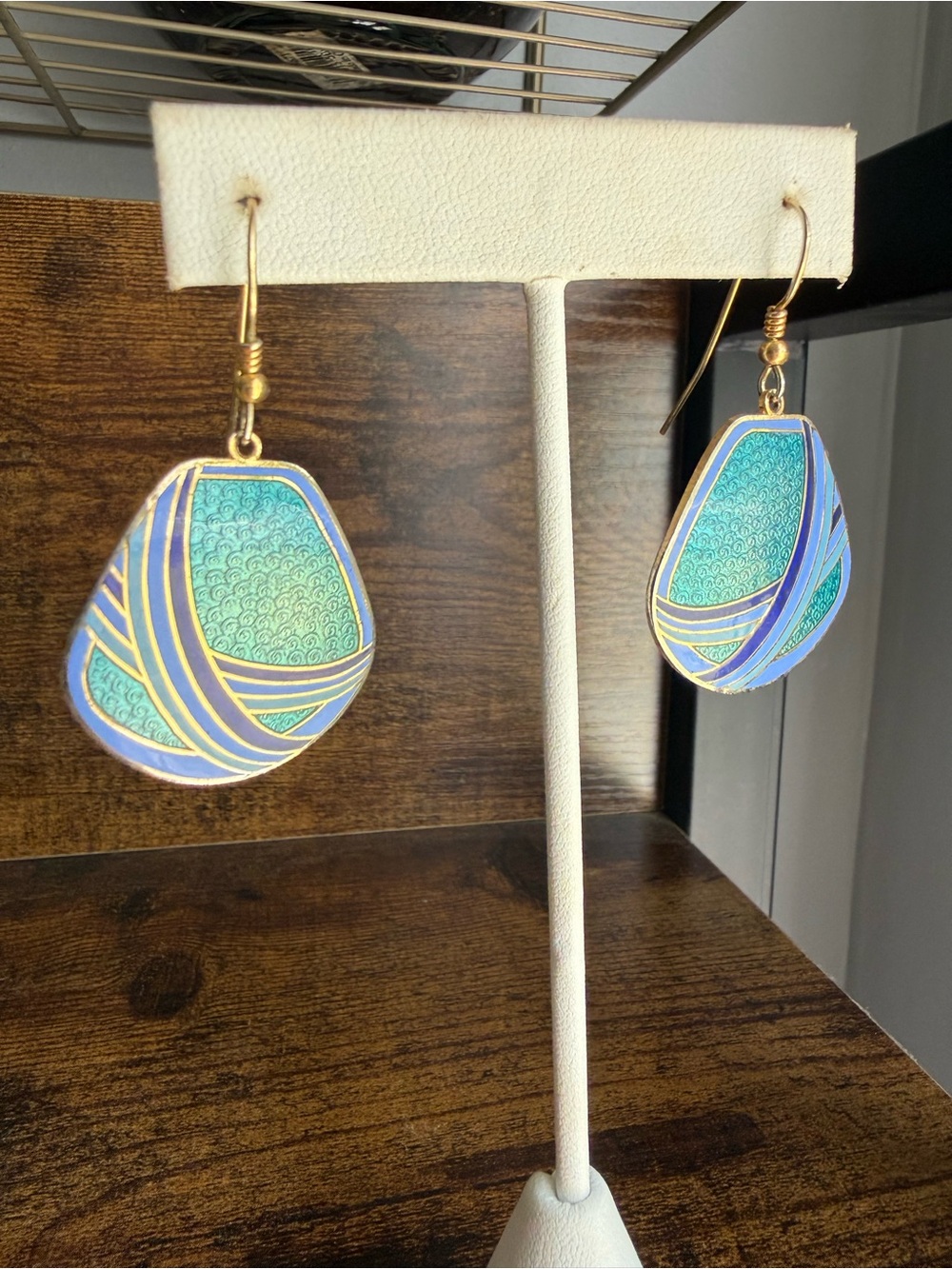 Vintage MEOW Cloisonné Teal & Blue Enamel Pierced Earrings Signed
